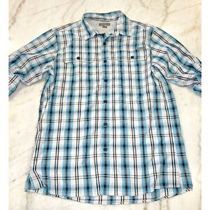 Eddie Bauer Mens Medium M Camp Shirt Lightweight Blue plaid Long Roll Sleeve